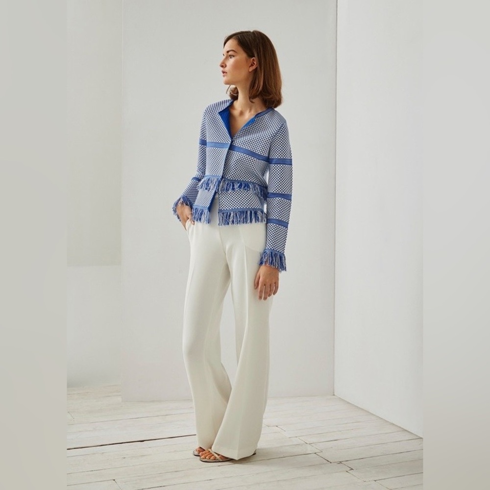 Adolfo Dominguez - Women’s Fringe Two Button Jacket - Size Small - Blue & White